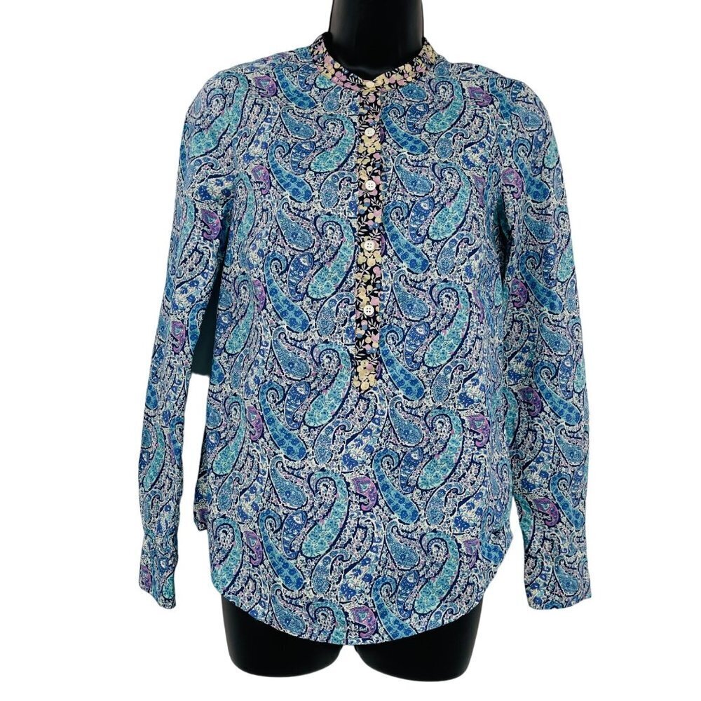 J. Crew Liberty Of London Paisley Pop Over Top Womens Size 00 Blue Preppy Cotton